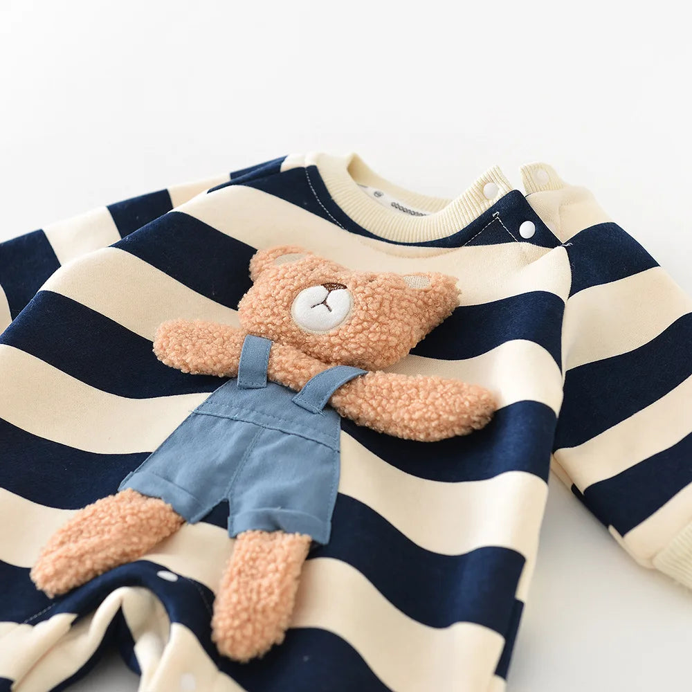 Baby Rompers Thicken Lining Boys Clothes Striped Unisex Jumpsuits Bear Outfit