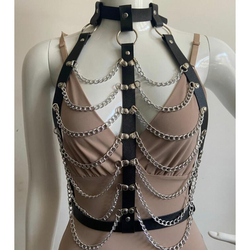 Punk Leather Choker Collar Body Chain Harness Jewelry Bra Top Chest Waist Belly Belt Witch Metal for Women Sexy Accessories