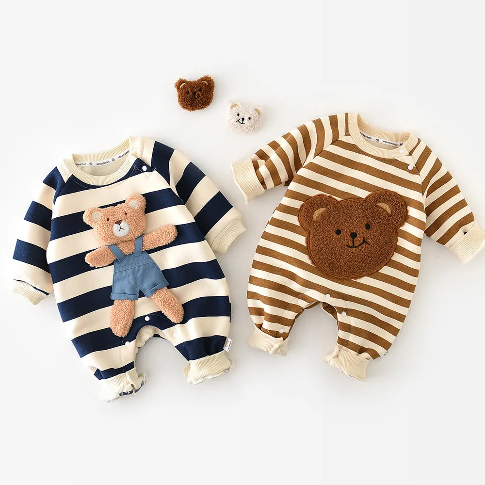 Baby Rompers Thicken Lining Boys Clothes Striped Unisex Jumpsuits Bear Outfit