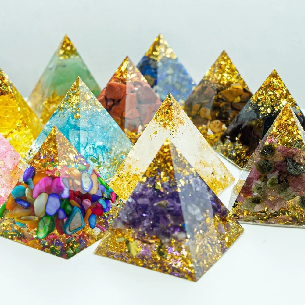 Energy Pyramid Healing Decor with Gold for Reiki Healing Chakra Meditation