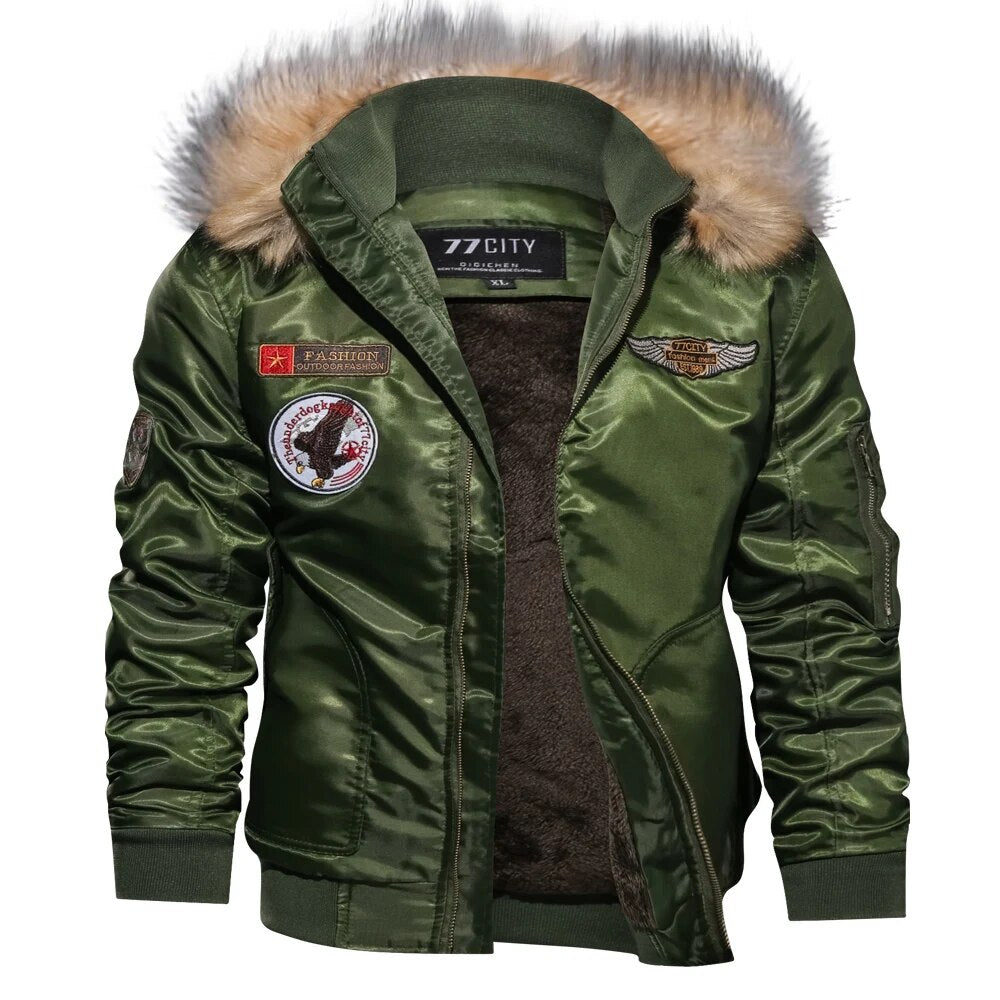 Windproof Thick Fleece Bomber Pilot Hooded Jacket Army Military Motorcycle Parkas