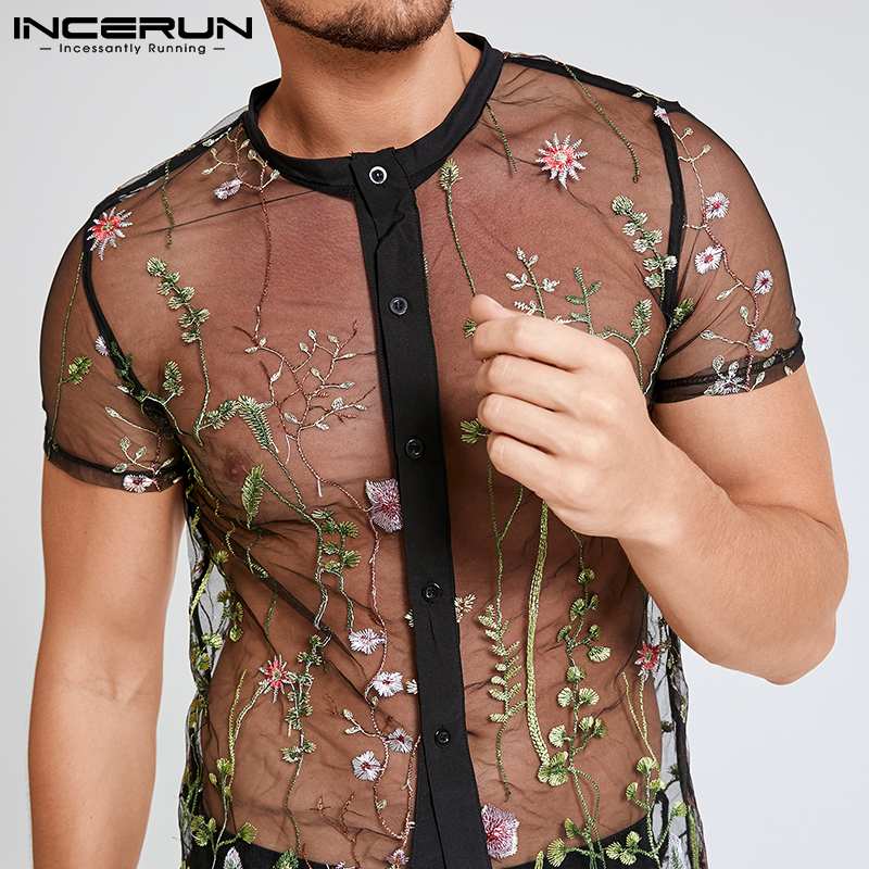 Men Mesh Shirts Embroidered Short Sleeve Sexy See Through Top Breathable Party Nightclub Shirts