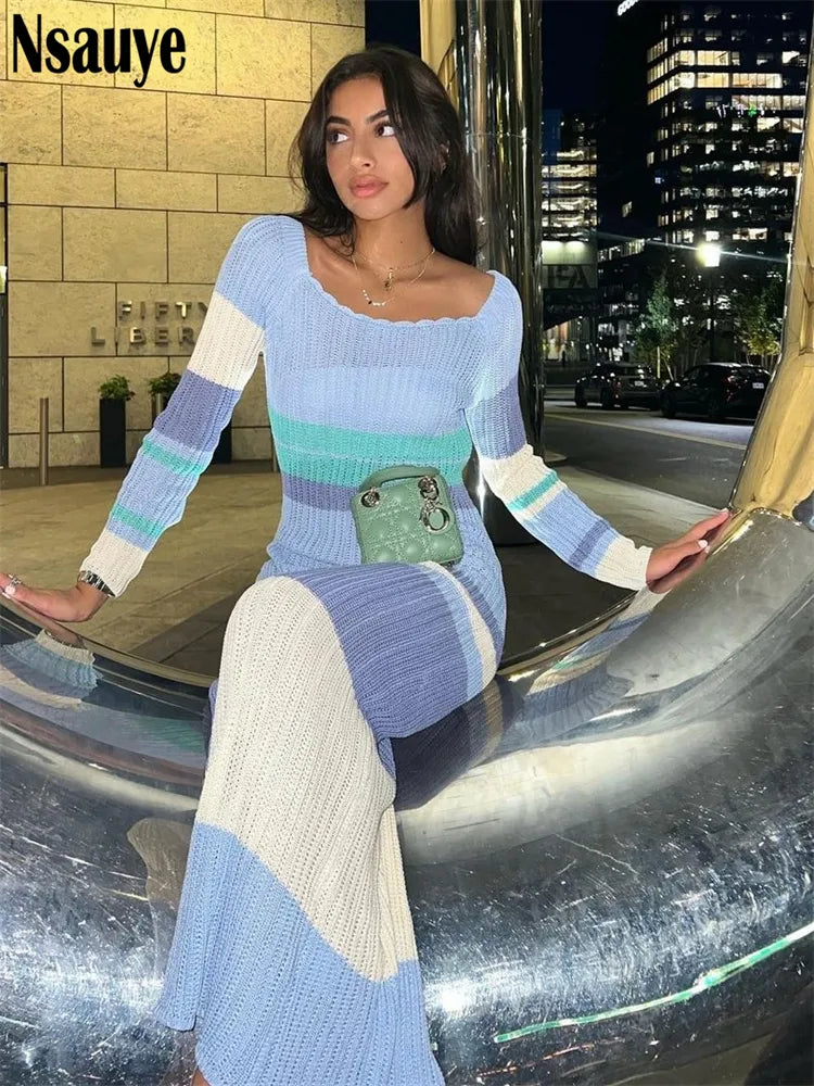 Sexy Beach Evening Party Knitted Off Shoulder Long Sleeve Bodycon Long Dress