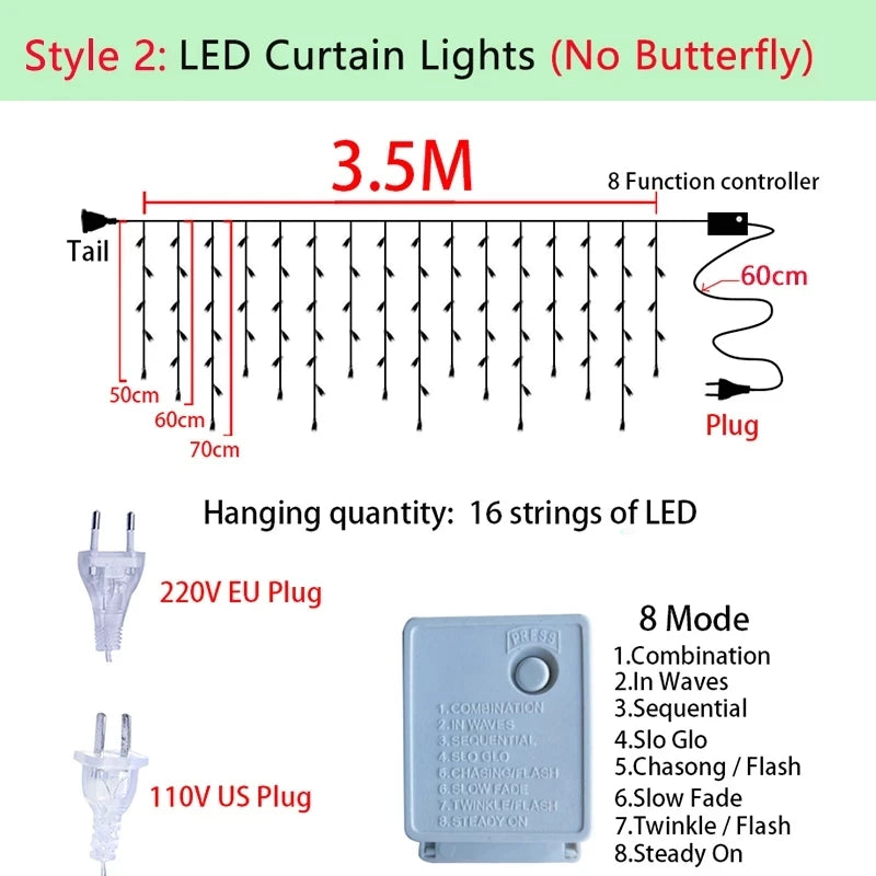 220V 110V 3.5m Butterfly LED Curtain Light Christmas Garland LED String Fairy Lights For Holiday Wedding Party Home Decoration