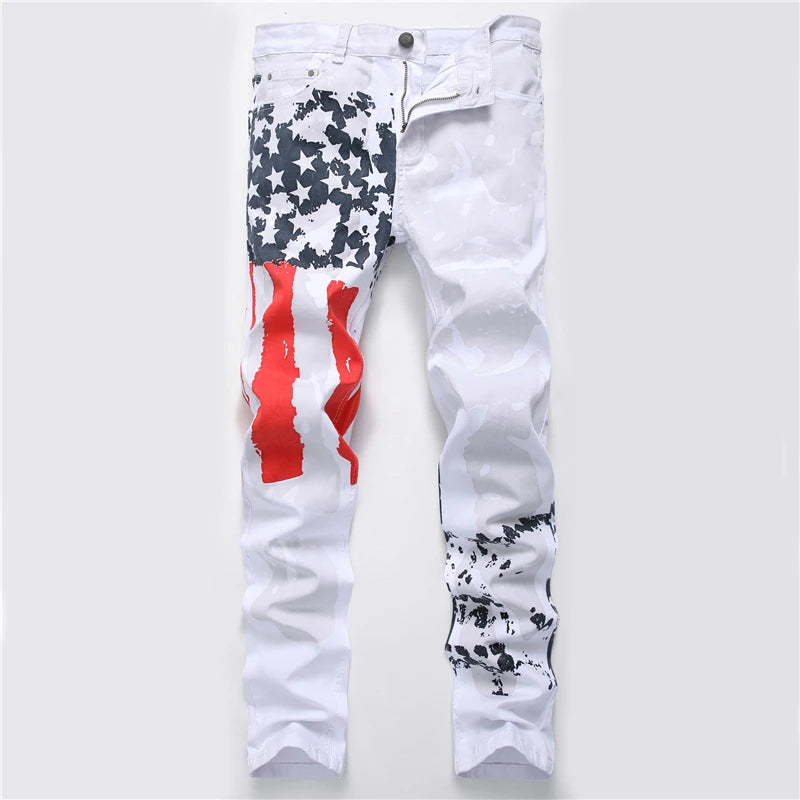 Plus Size Men's White Stretch Skinny Denim Jeans Casual American Flag Jeans Pants