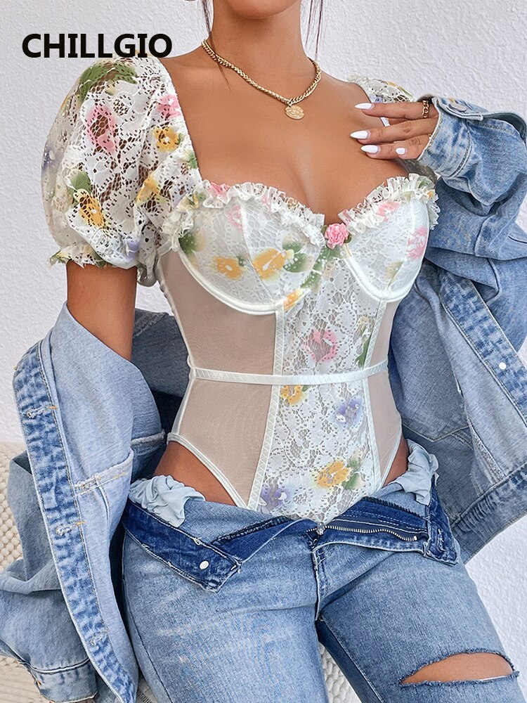 Floral Print Lace Mesh Bodysuit Short Puff Sleeve French Fashion Romper