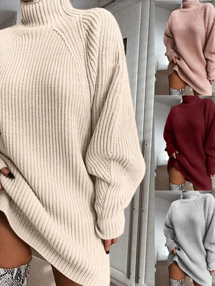 Oversized Knitted Turtleneck Dress  Long Sleeve Elegant Mini Sweater Dress