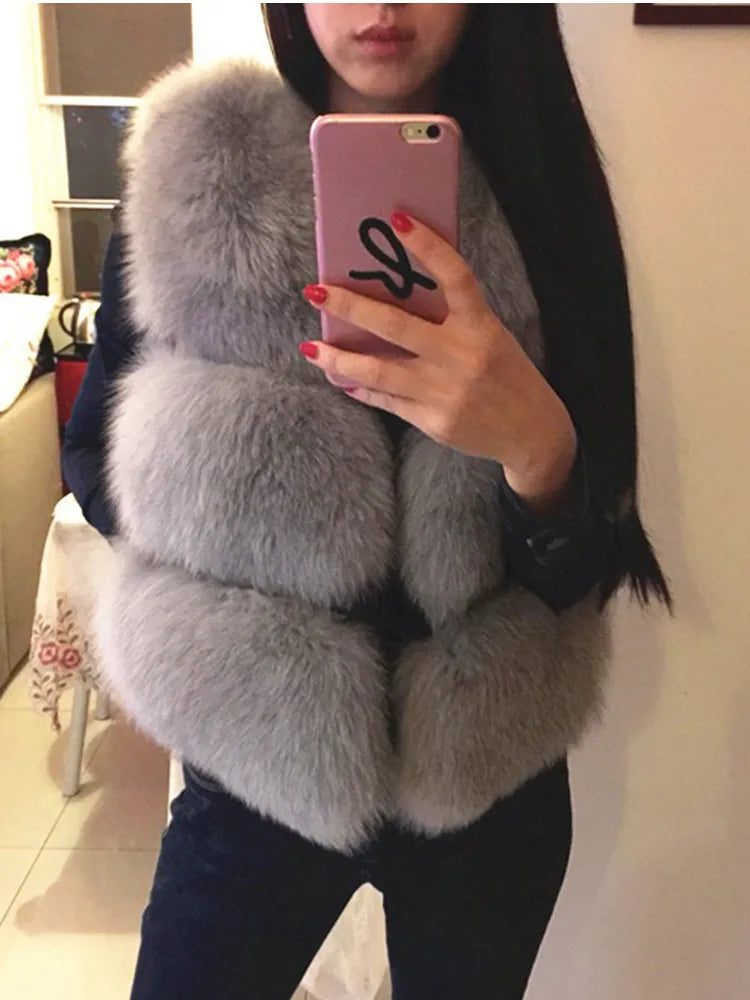 Thick Warm Faux Fox Fur Vest High Quality V-Neck Fur Coat Fur