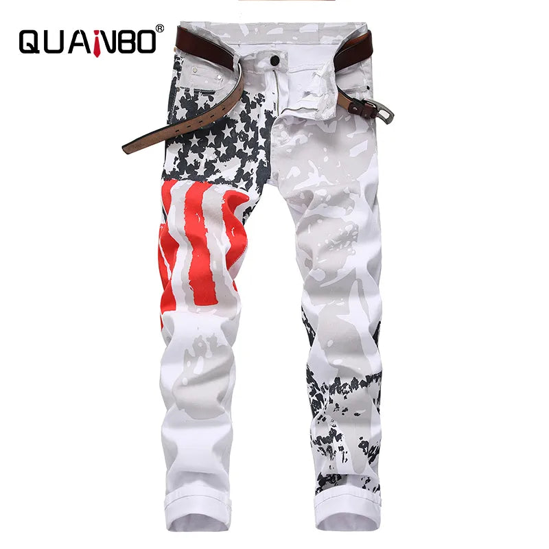 Plus Size Men's White Stretch Skinny Denim Jeans Casual American Flag Jeans Pants