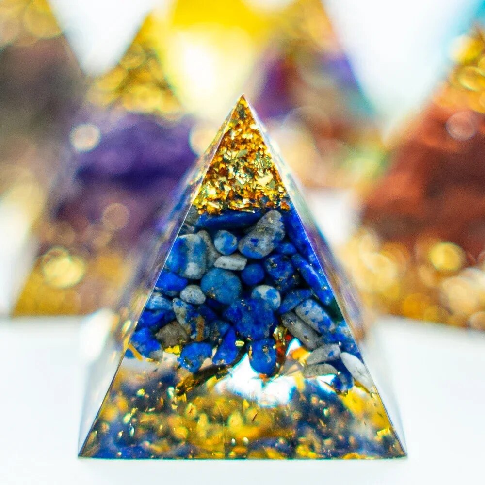 Energy Pyramid Healing Decor with Gold for Reiki Healing Chakra Meditation