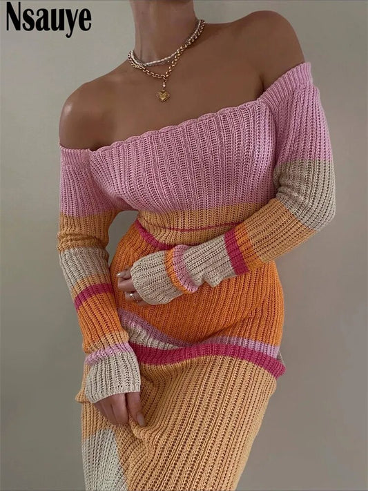 Sexy Beach Evening Party Knitted Off Shoulder Long Sleeve Bodycon Long Dress