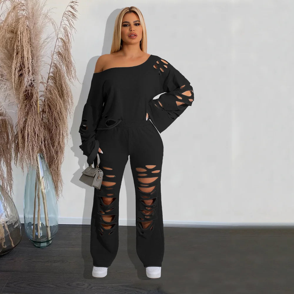 Casual Solid Perforated Loose Bodysuit Two Piece Set of sweatshirt and sweatpants Leggings