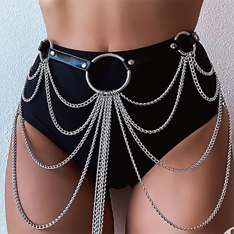 Punk Leather Choker Collar Body Chain Harness Jewelry Bra Top Chest Waist Belly Belt Witch Metal for Women Sexy Accessories