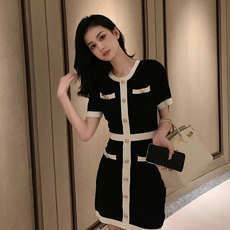 Wool Knitted Slim Dress with Buttons Bodycon Mini Dress