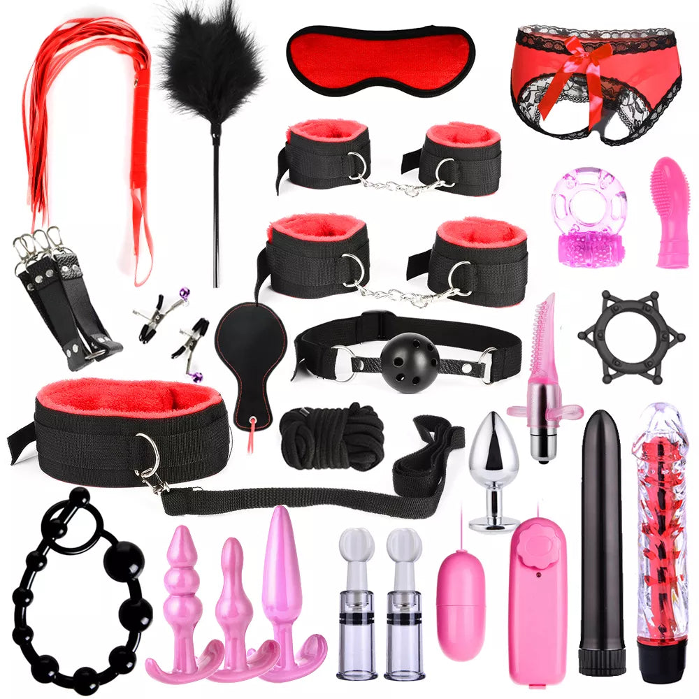 Bdsm SexLove Set BDSM Kits Adults Sex Toys for Women Men Handcuffs Nipple Clamps Whip Spanking Sex Metal Anal Plug Vibrator Butt