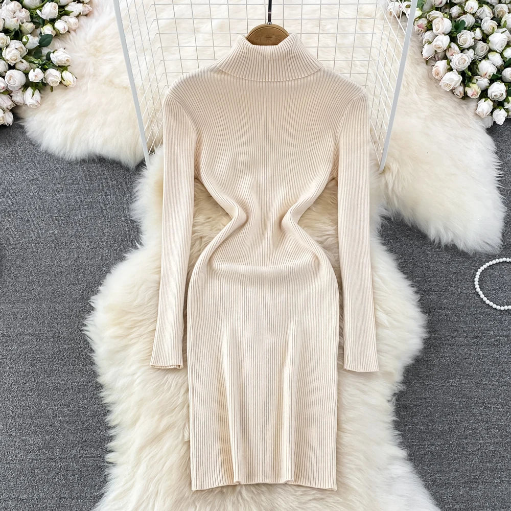 Elegant Turtleneck Long Sleeve Knit Bodycon Slim Pencil Sweater Dress