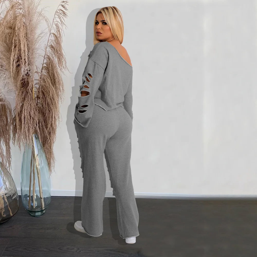 Casual Solid Perforated Loose Bodysuit Two Piece Set of sweatshirt and sweatpants Leggings