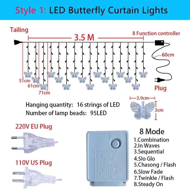 220V 110V 3.5m Butterfly LED Curtain Light Christmas Garland LED String Fairy Lights For Holiday Wedding Party Home Decoration