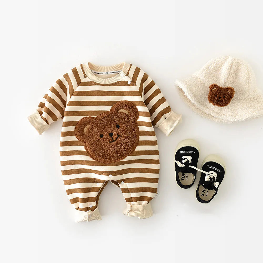 Baby Rompers Thicken Lining Boys Clothes Striped Unisex Jumpsuits Bear Outfit