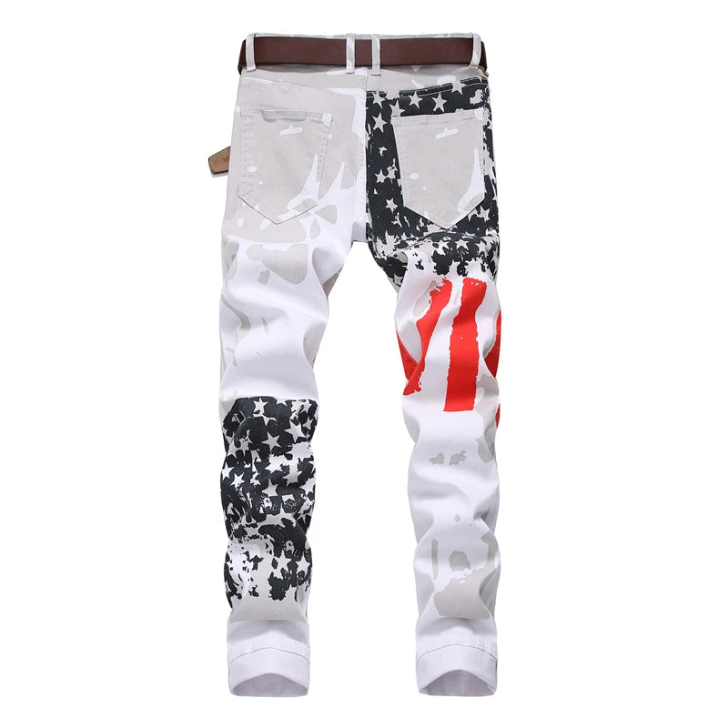 Plus Size Men's White Stretch Skinny Denim Jeans Casual American Flag Jeans Pants