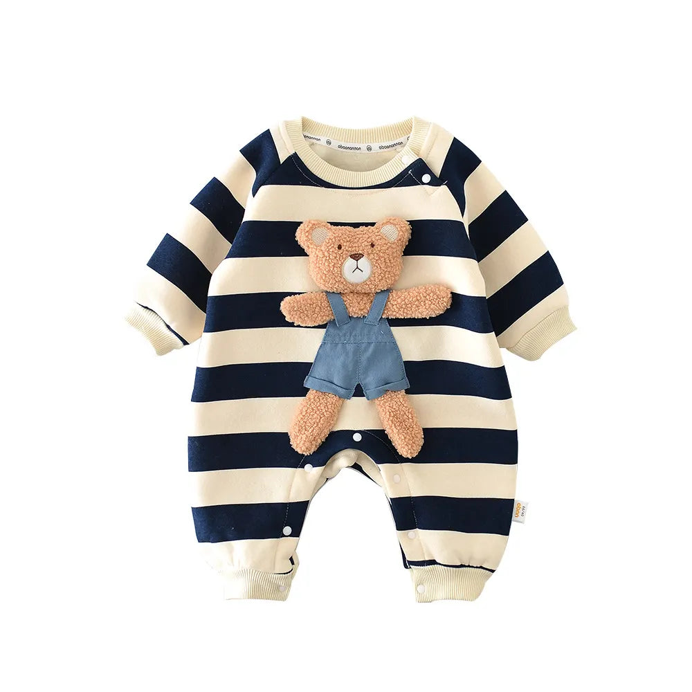 Baby Rompers Thicken Lining Boys Clothes Striped Unisex Jumpsuits Bear Outfit