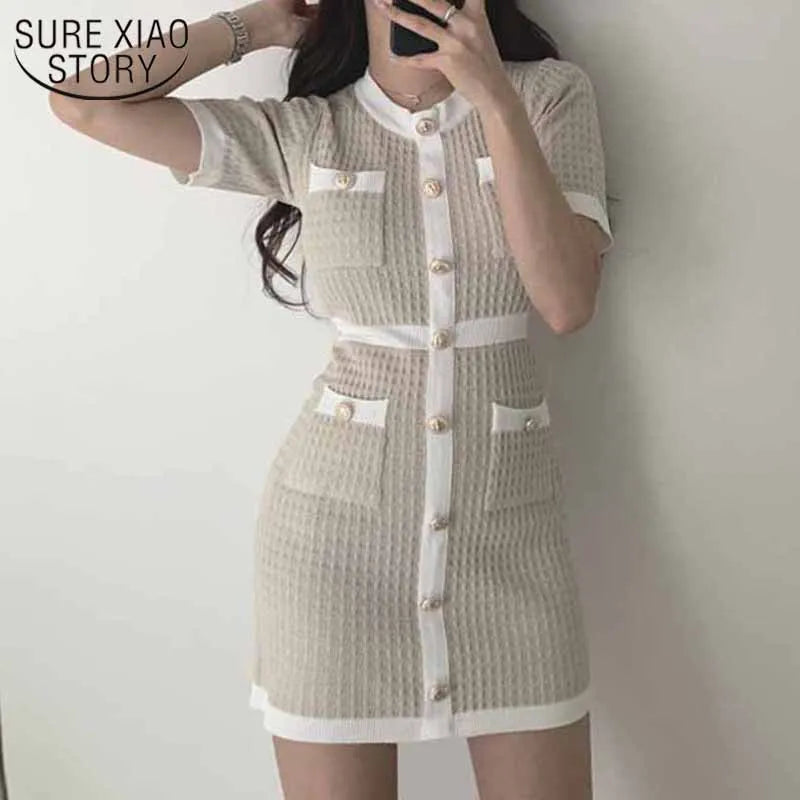 Wool Knitted Slim Dress with Buttons Bodycon Mini Dress