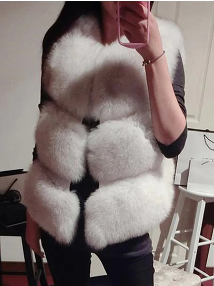 Thick Warm Faux Fox Fur Vest High Quality V-Neck Fur Coat Fur