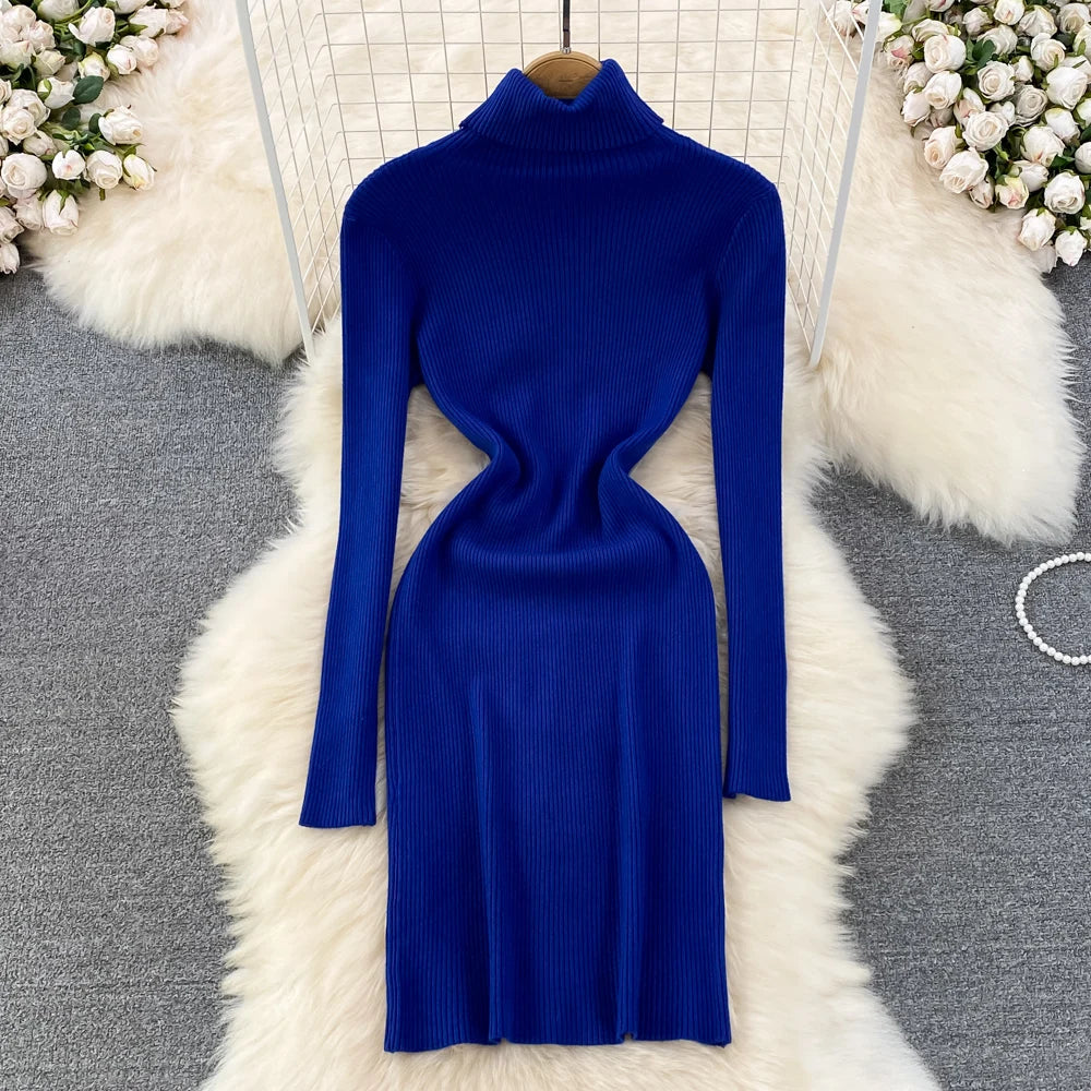 Elegant Turtleneck Long Sleeve Knit Bodycon Slim Pencil Sweater Dress