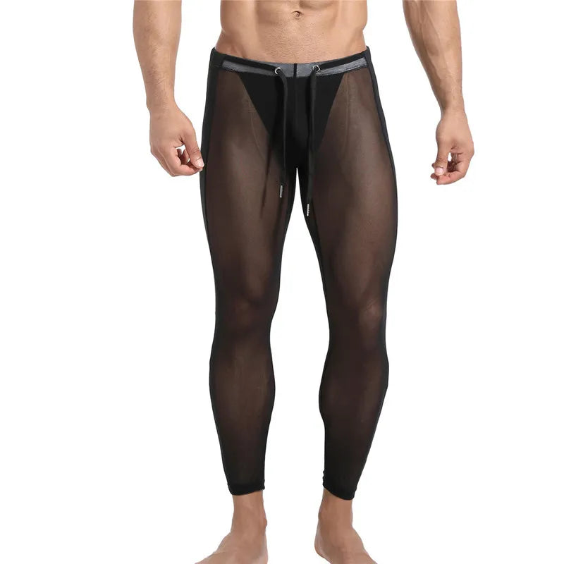 Mesh Breathable Long Pants Sexy Transparent Underwear Men's Lingerie Leggings Sleep Homewear See Through Pajama Pants