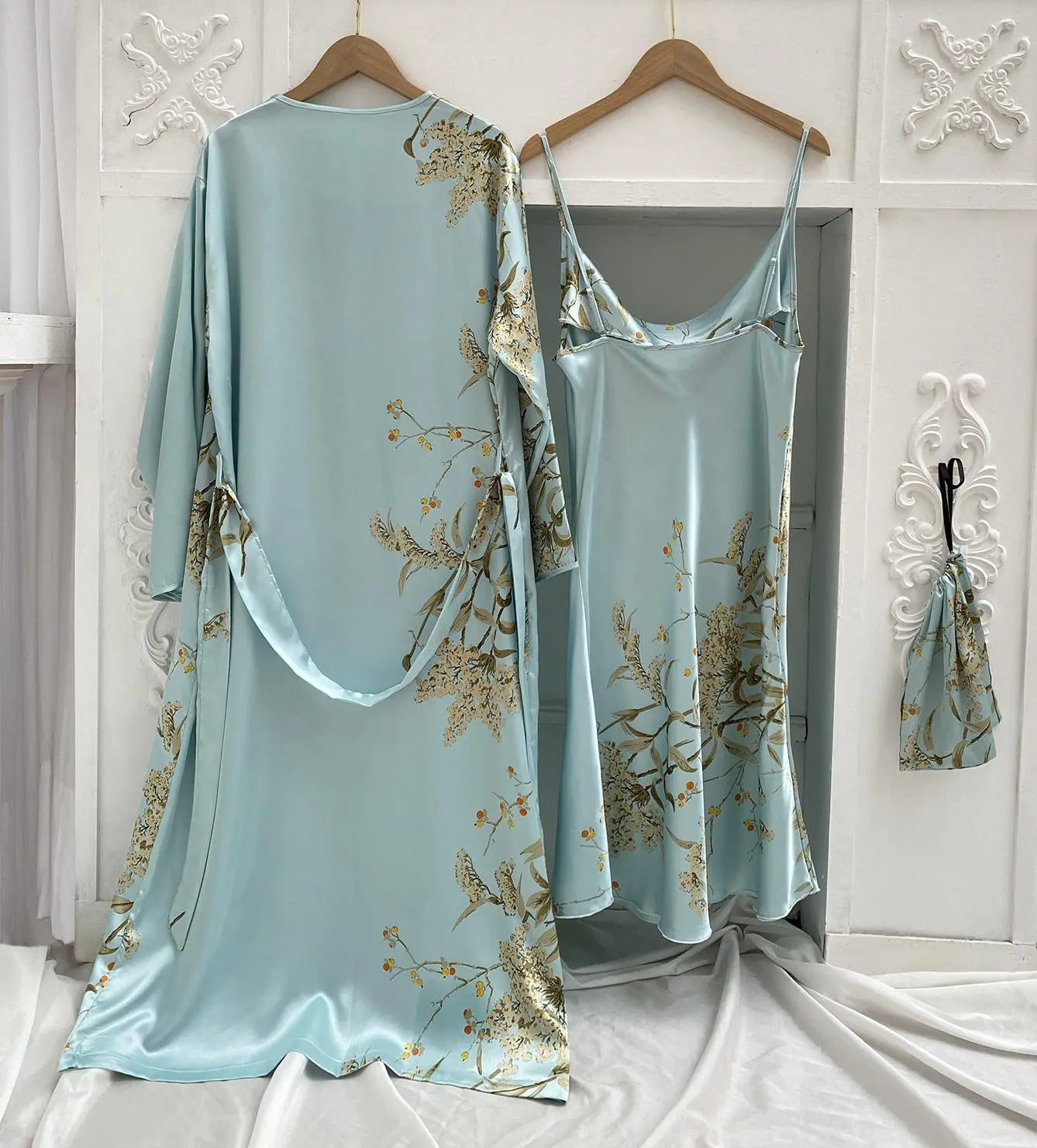 2pcs Robe Sleepwear Kimono Bathrobe Gown Lingerie Satin V-Neck Strap Nightgown Bridal Loungewear