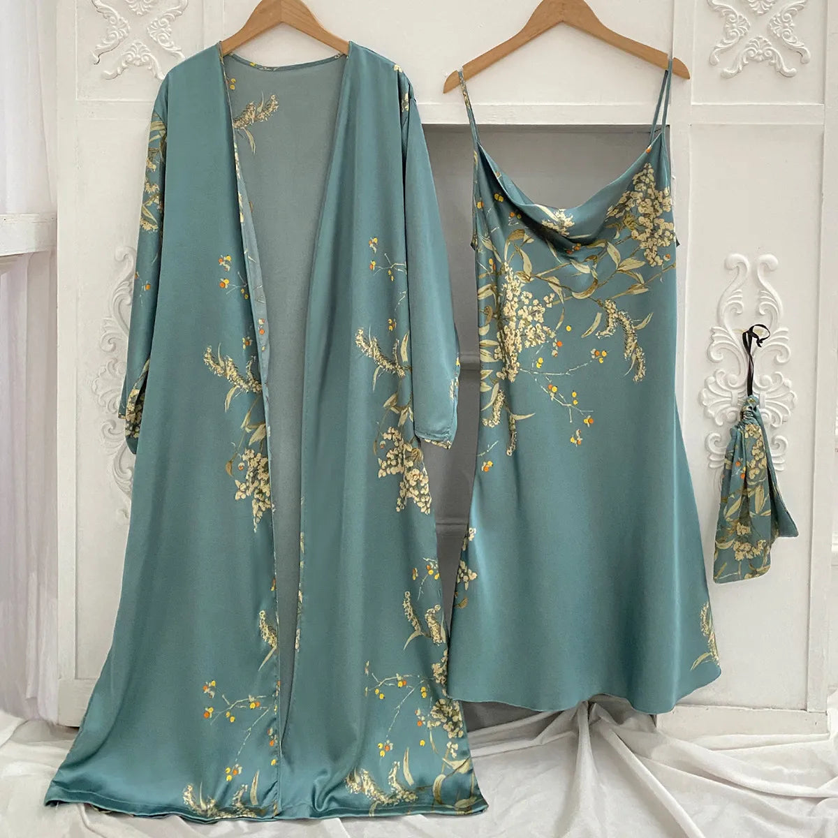 2pcs Robe Sleepwear Kimono Bathrobe Gown Lingerie Satin V-Neck Strap Nightgown Bridal Loungewear