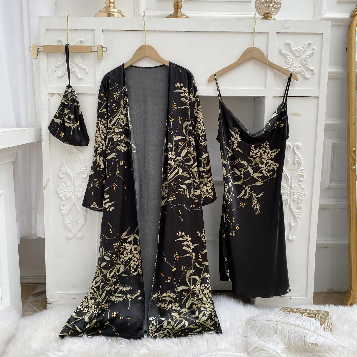 2pcs Robe Sleepwear Kimono Bathrobe Gown Lingerie Satin V-Neck Strap Nightgown Bridal Loungewear