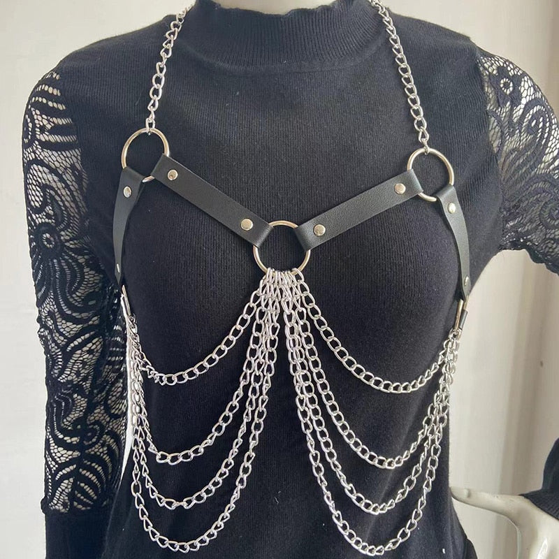 Punk Leather Choker Collar Body Chain Harness Jewelry Bra Top Chest Waist Belly Belt Witch Metal for Women Sexy Accessories