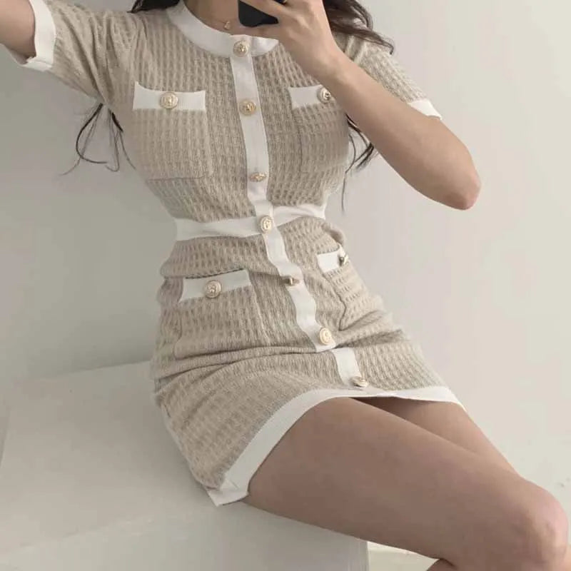 Wool Knitted Slim Dress with Buttons Bodycon Mini Dress