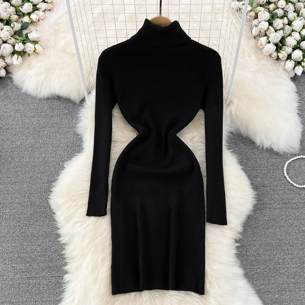 Elegant Turtleneck Long Sleeve Knit Bodycon Slim Pencil Sweater Dress