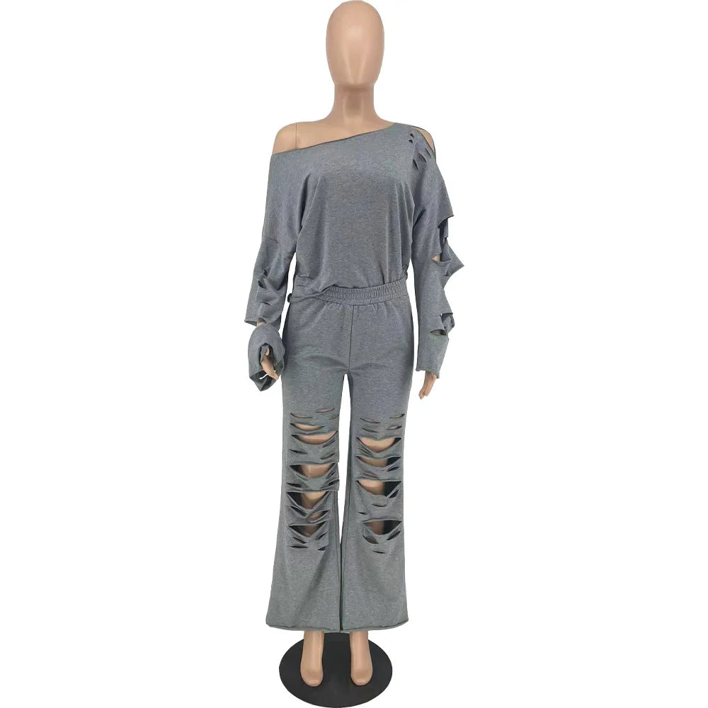 Casual Solid Perforated Loose Bodysuit Two Piece Set of sweatshirt and sweatpants Leggings