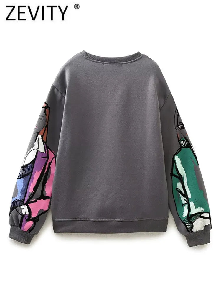 Modern Print Loose Fleece Sweatshirt O Neck Long Sleeves Hoodie Chic Pullover