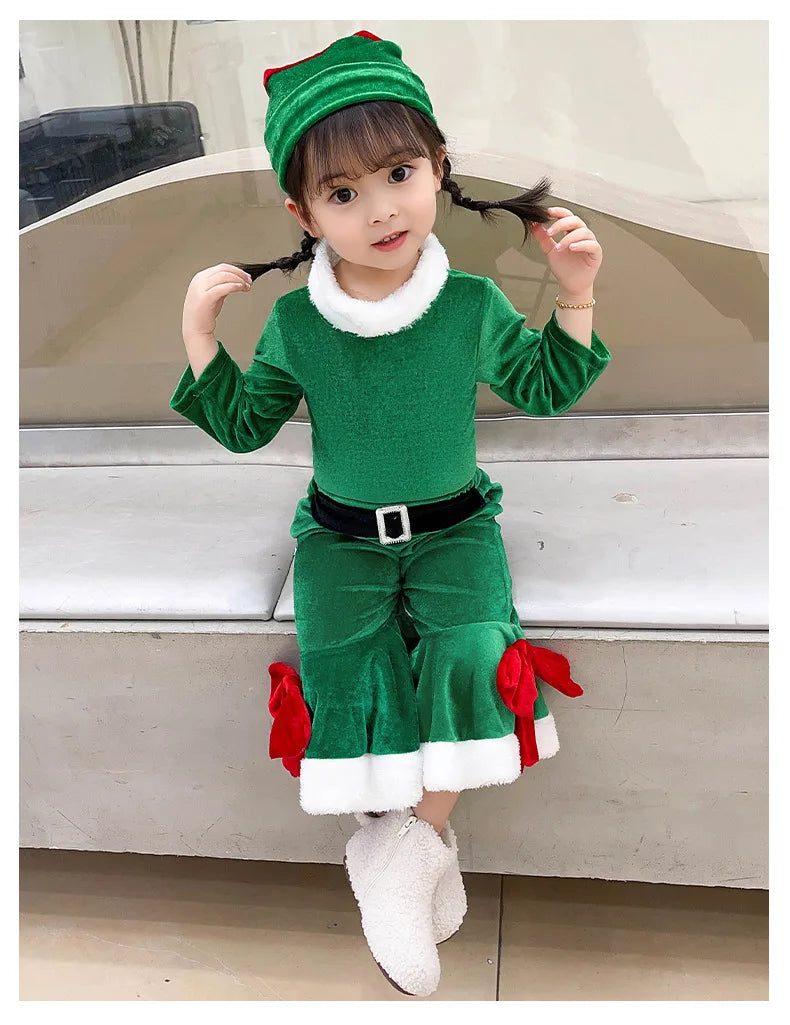 Elf Santa Claus Costume For Kids Children Christmas Party Dress Suit Set