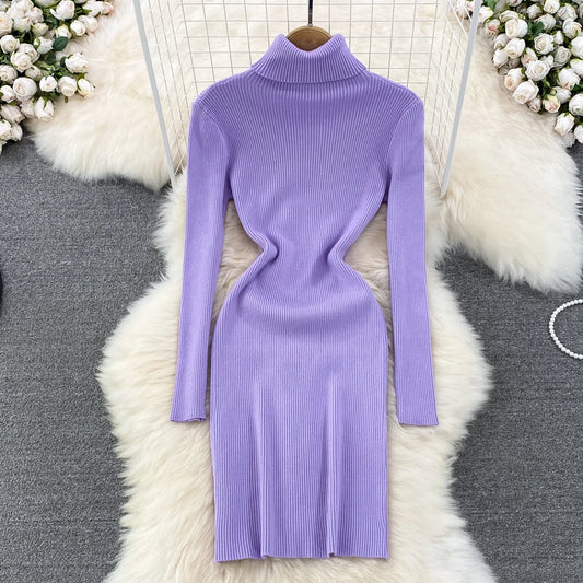 Elegant Turtleneck Long Sleeve Knit Bodycon Slim Pencil Sweater Dress