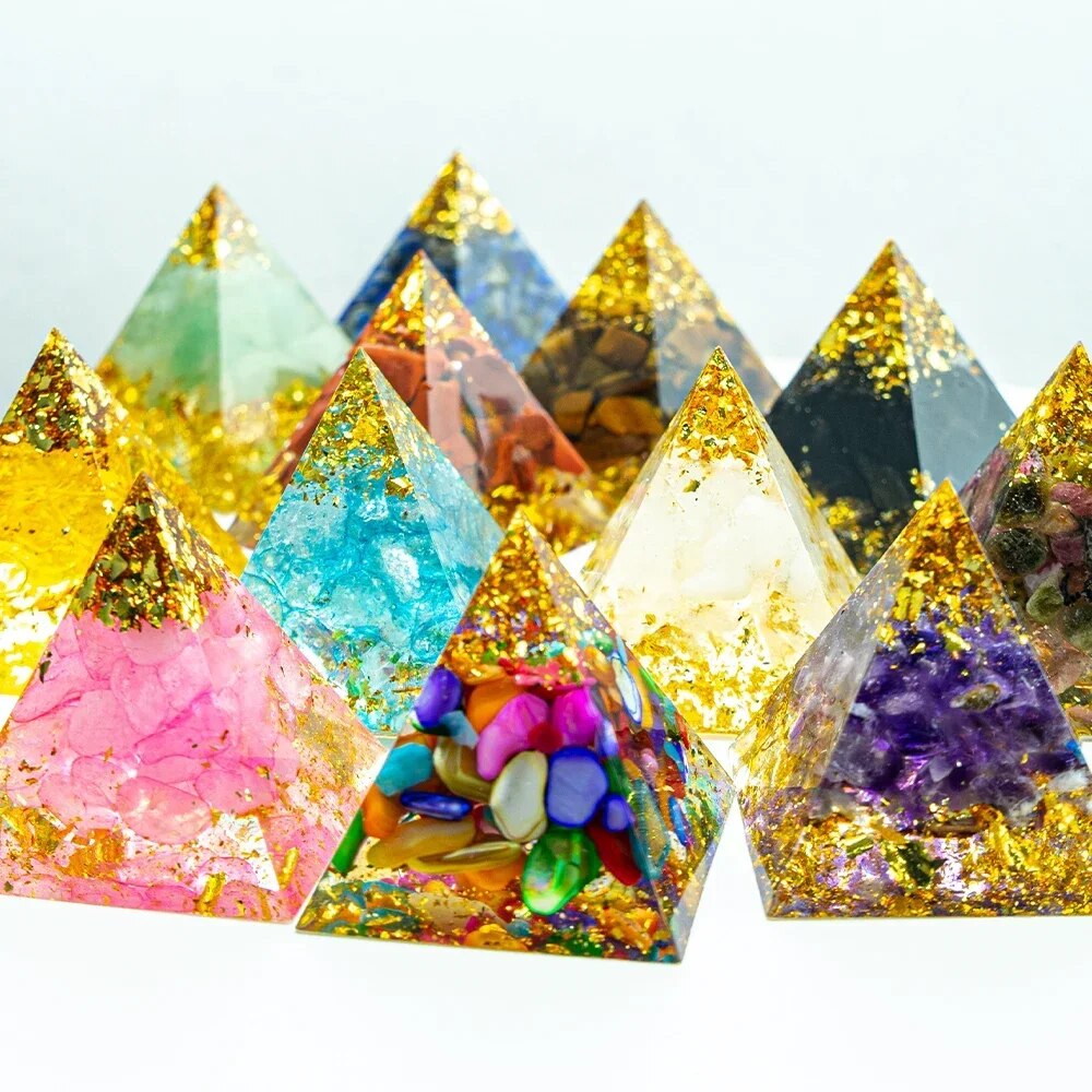 Energy Pyramid Healing Decor with Gold for Reiki Healing Chakra Meditation