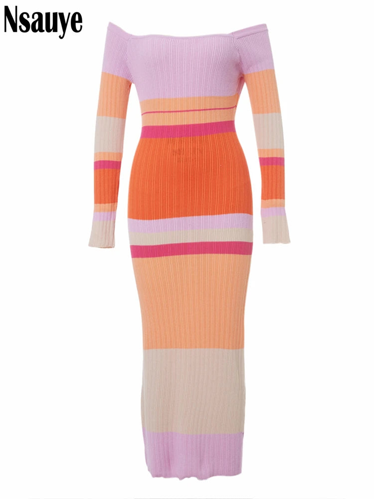 Sexy Beach Evening Party Knitted Off Shoulder Long Sleeve Bodycon Long Dress