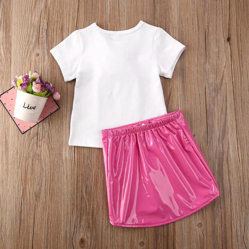 Girl Clothes Short Sleeve 3D Flower Tops T-Shirt Leather Skirt Summer Outfits Baby Toddler kid Fashion