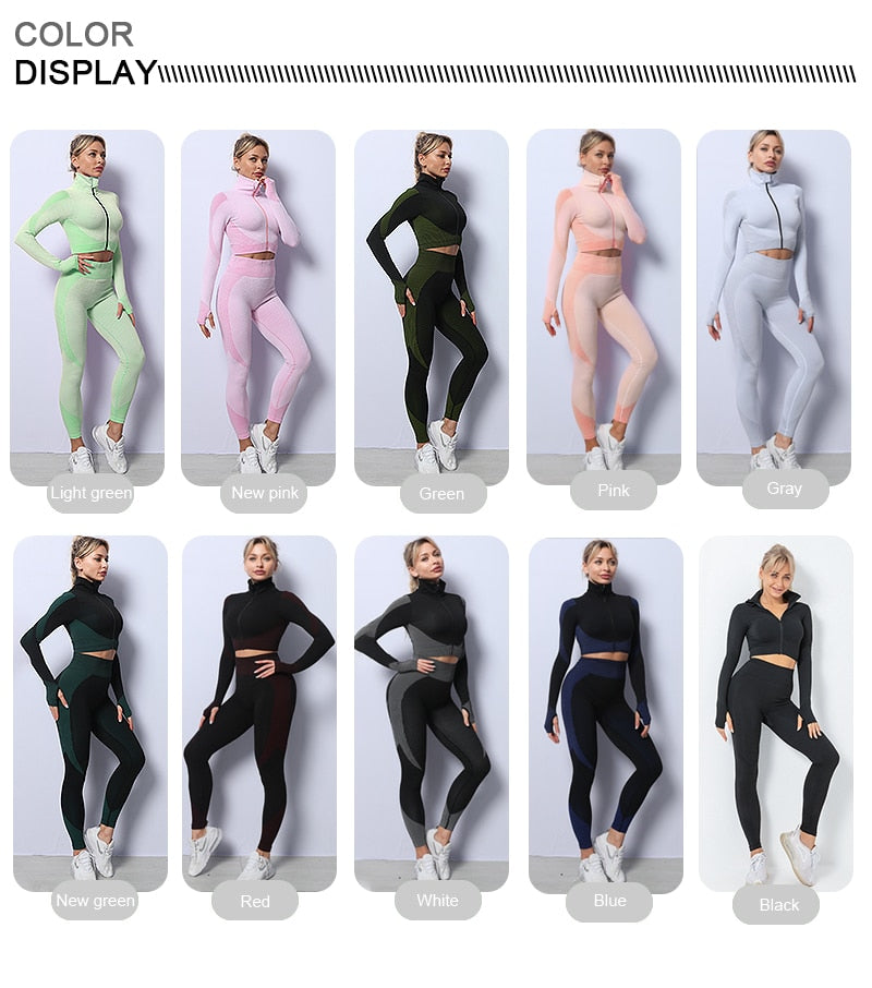 2/3PCS Workout Set with Long Sleeve Crop Top High Waist Leggings