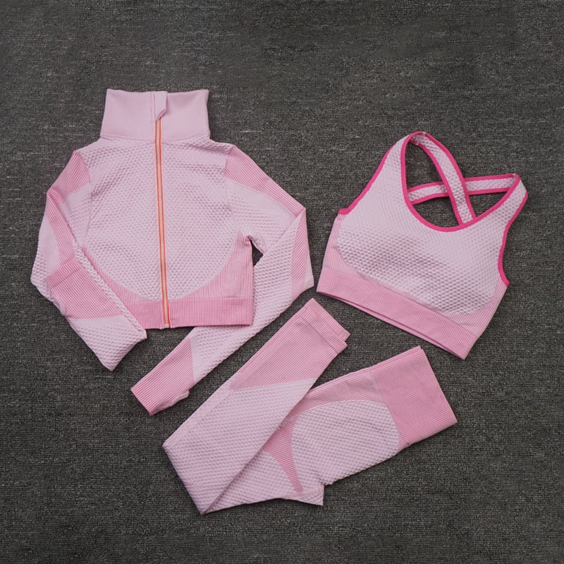 2/3PCS Workout Set with Long Sleeve Crop Top High Waist Leggings