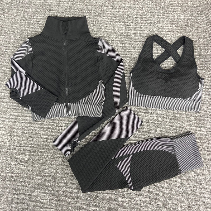 2/3PCS Workout Set with Long Sleeve Crop Top High Waist Leggings