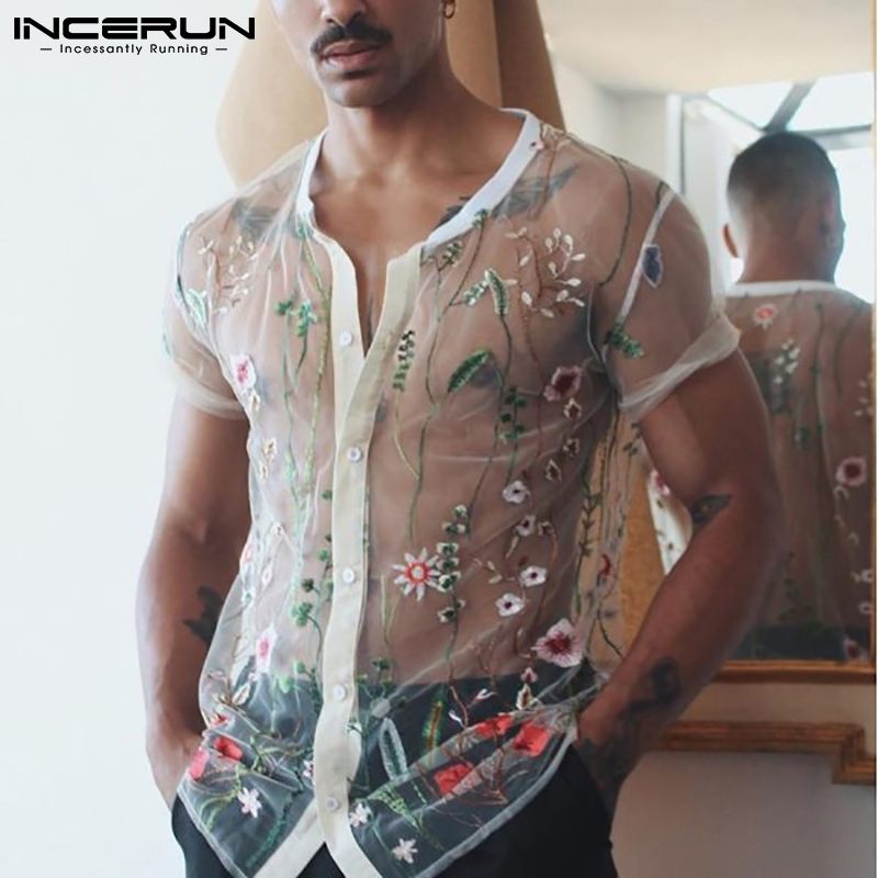 Men Mesh Shirts Embroidered Short Sleeve Sexy See Through Top Breathable Party Nightclub Shirts