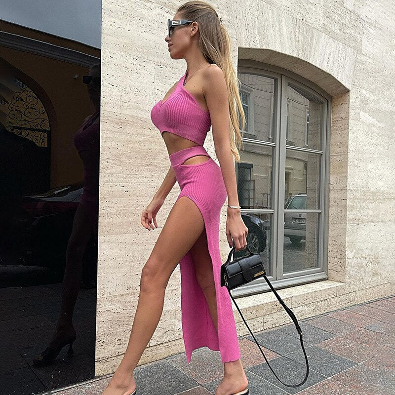 Two-piece Sets One-shoulder Bra Crop Tops and High Waist Cut Out Slit Skirt