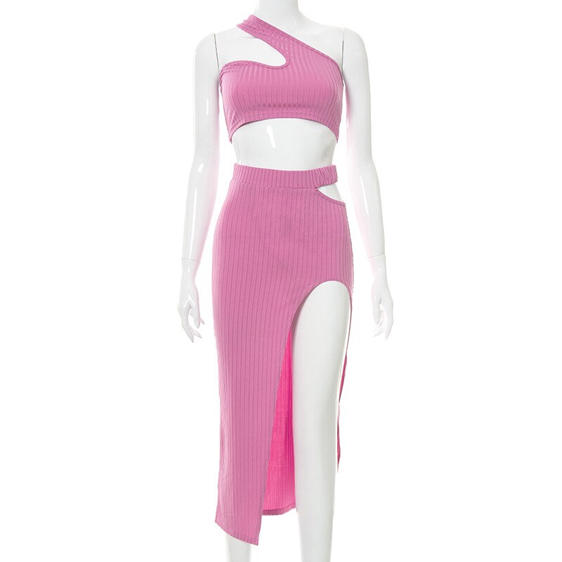 Two-piece Sets One-shoulder Bra Crop Tops and High Waist Cut Out Slit Skirt