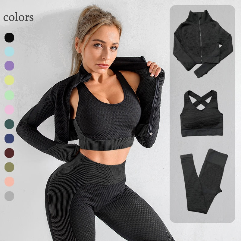 2/3PCS Workout Set with Long Sleeve Crop Top High Waist Leggings