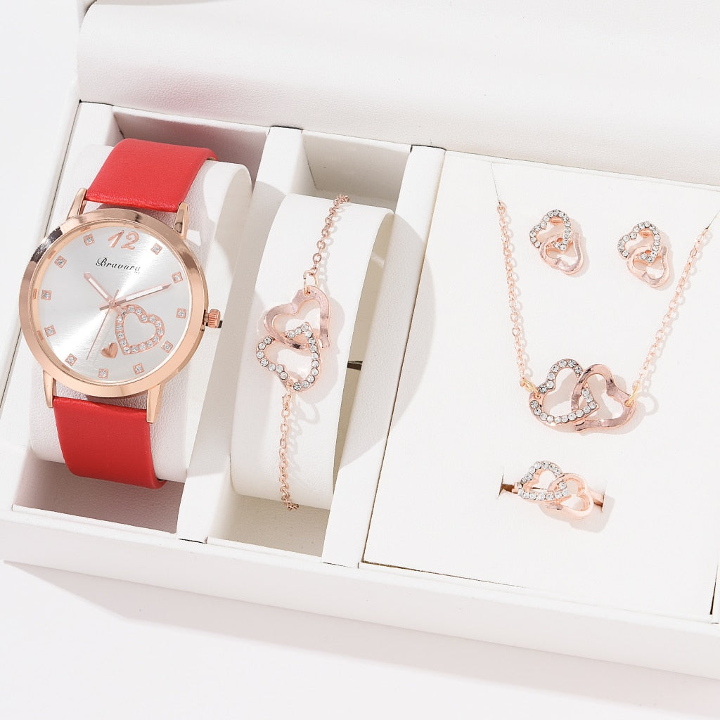 6PCS Quartz Watch and Heart Shaped Jewelry Set (NO BOX)